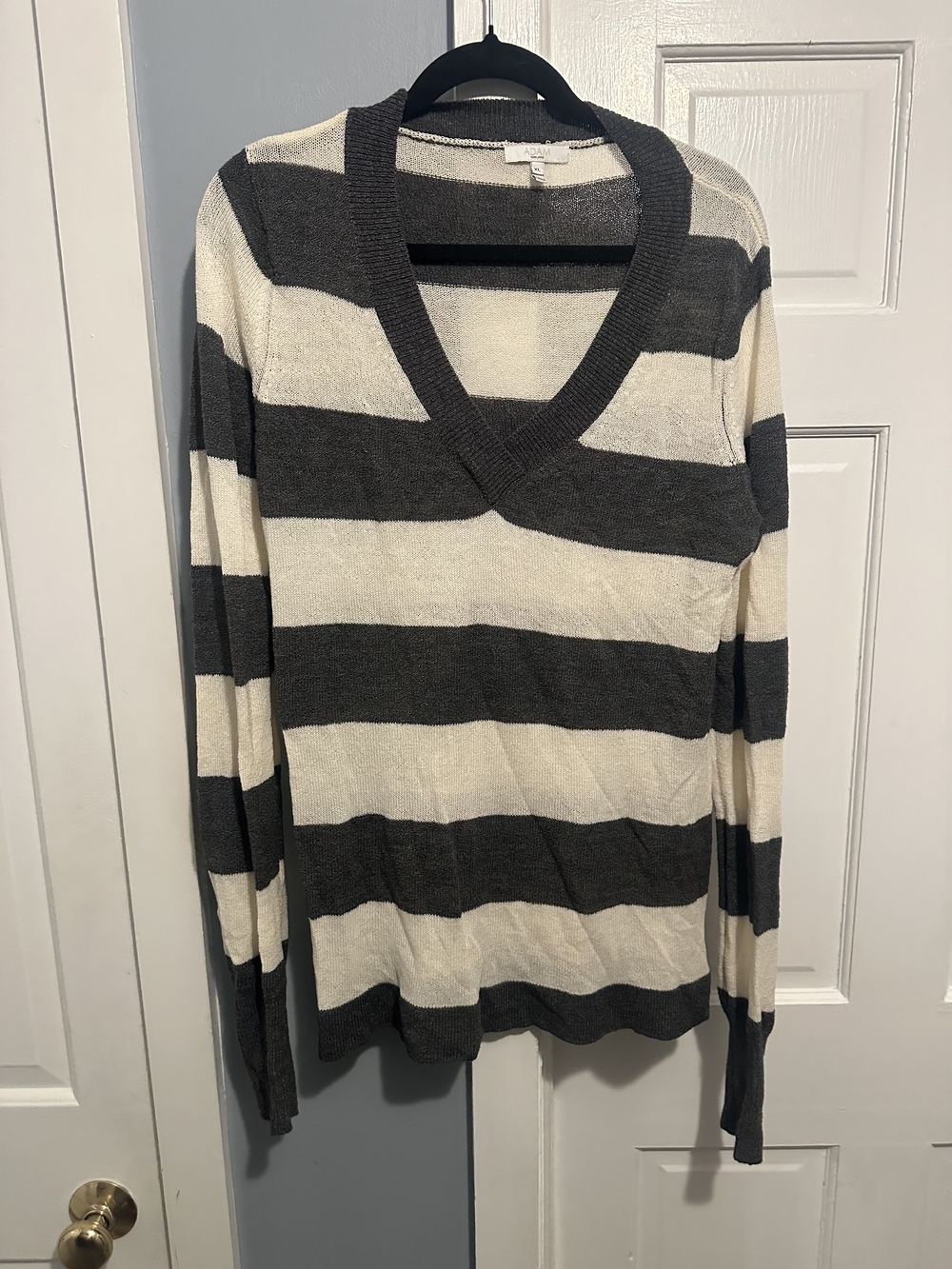 ADAM LIPPES Cream and Dark Gray Striped V-Neck Sweater
